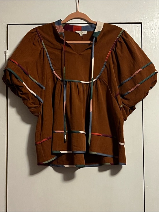 entro Tops - entro Brown Peasant Blouse with Multicolor Trim